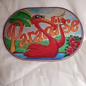 Montage handcrafted sign - “Paradise” with a flamingo drinking a martini